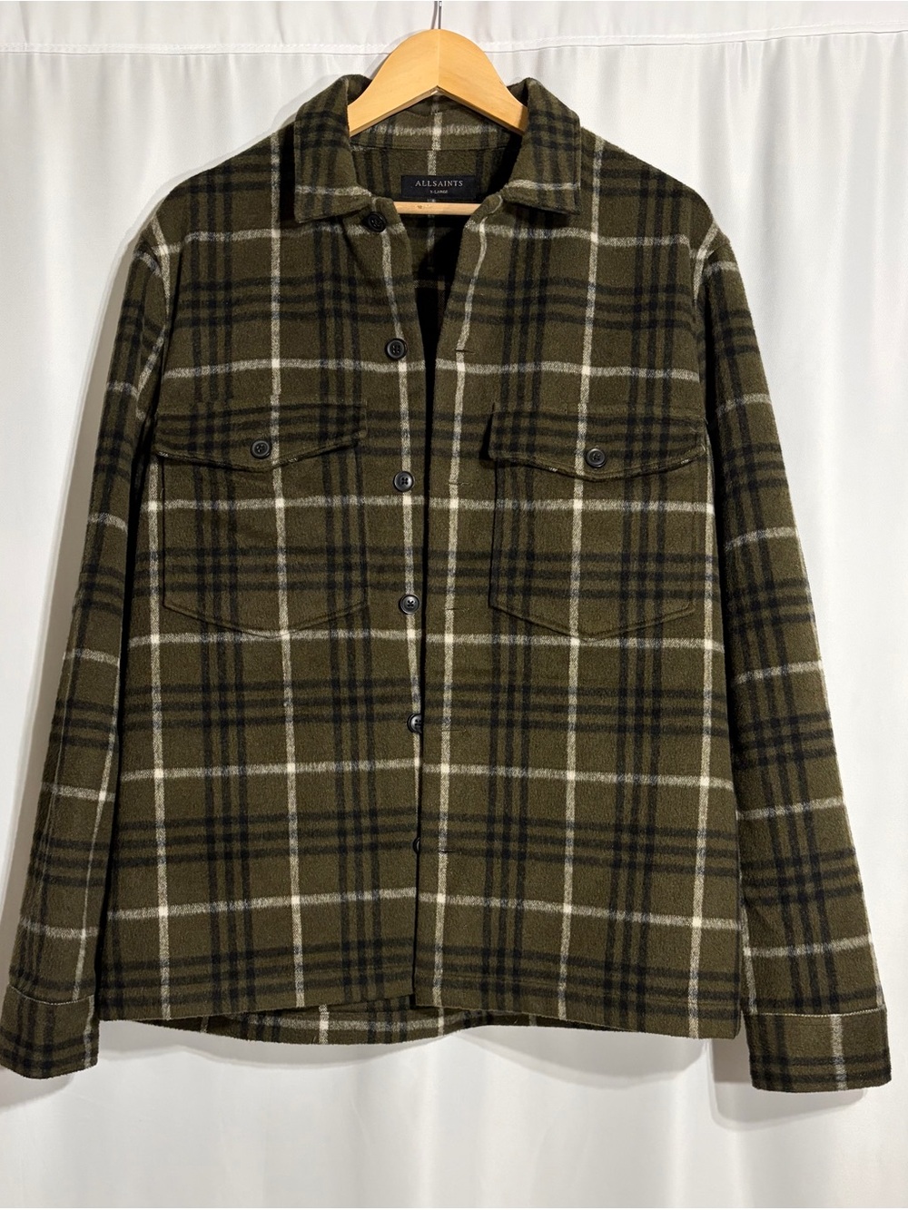 All Saints Olive Plaid Shirt Jacket with Contrast Lines